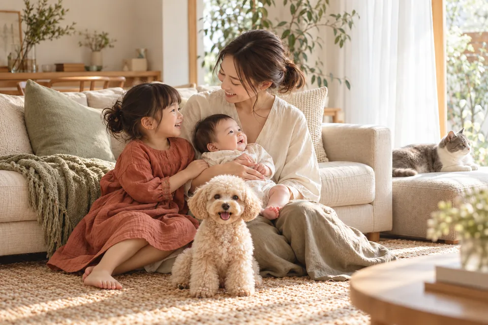 犬と猫、子どもたちが家族と暮らすイメージ